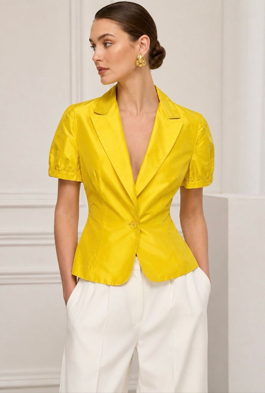 Carolina Herrera NY Chartreuse Silk Blend Puff Short Sleeve Blazer 6